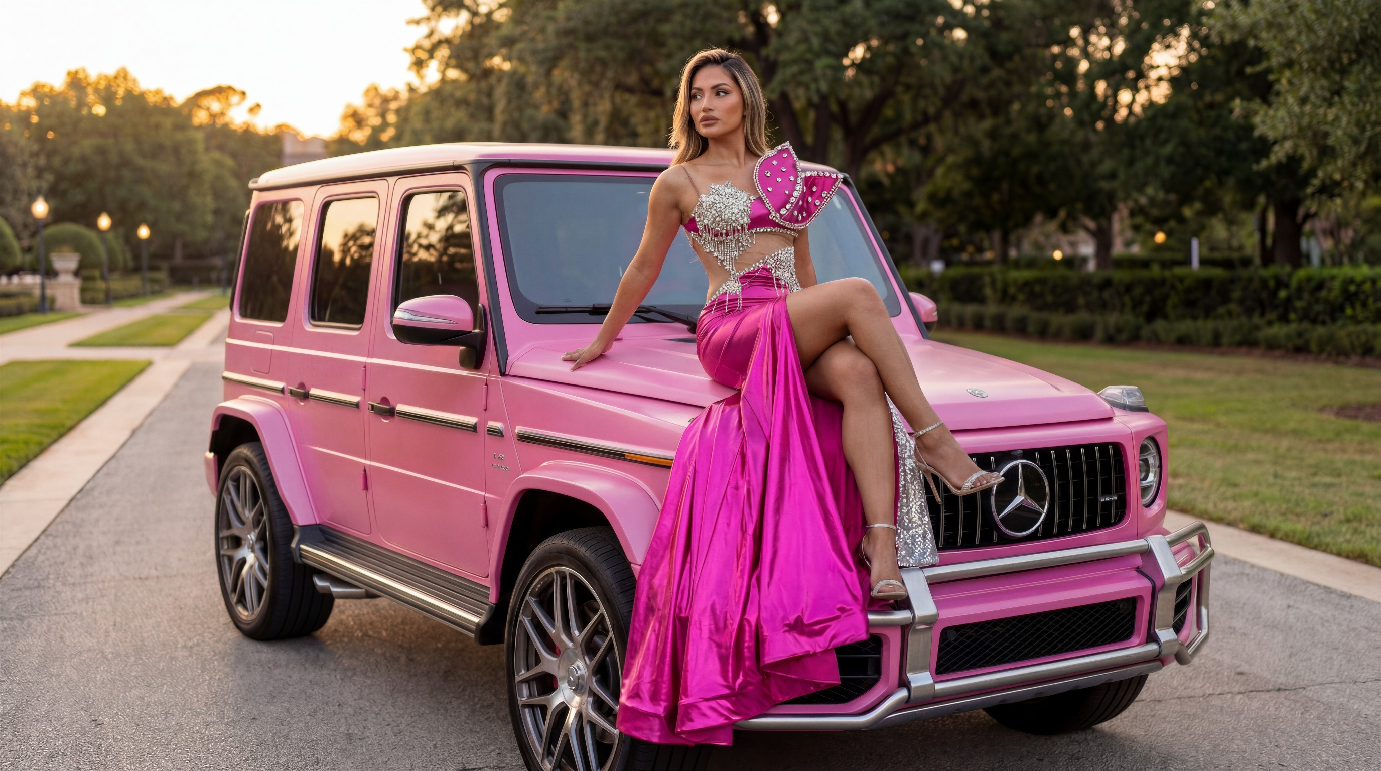 A glamorous model poses on a pink Mercedes G-Wagon wearing a hot-pink couture gown with crystal beading and silver heels. Sunset lighting and a quiet luxury street create a bold Purple Rose Collection moment.