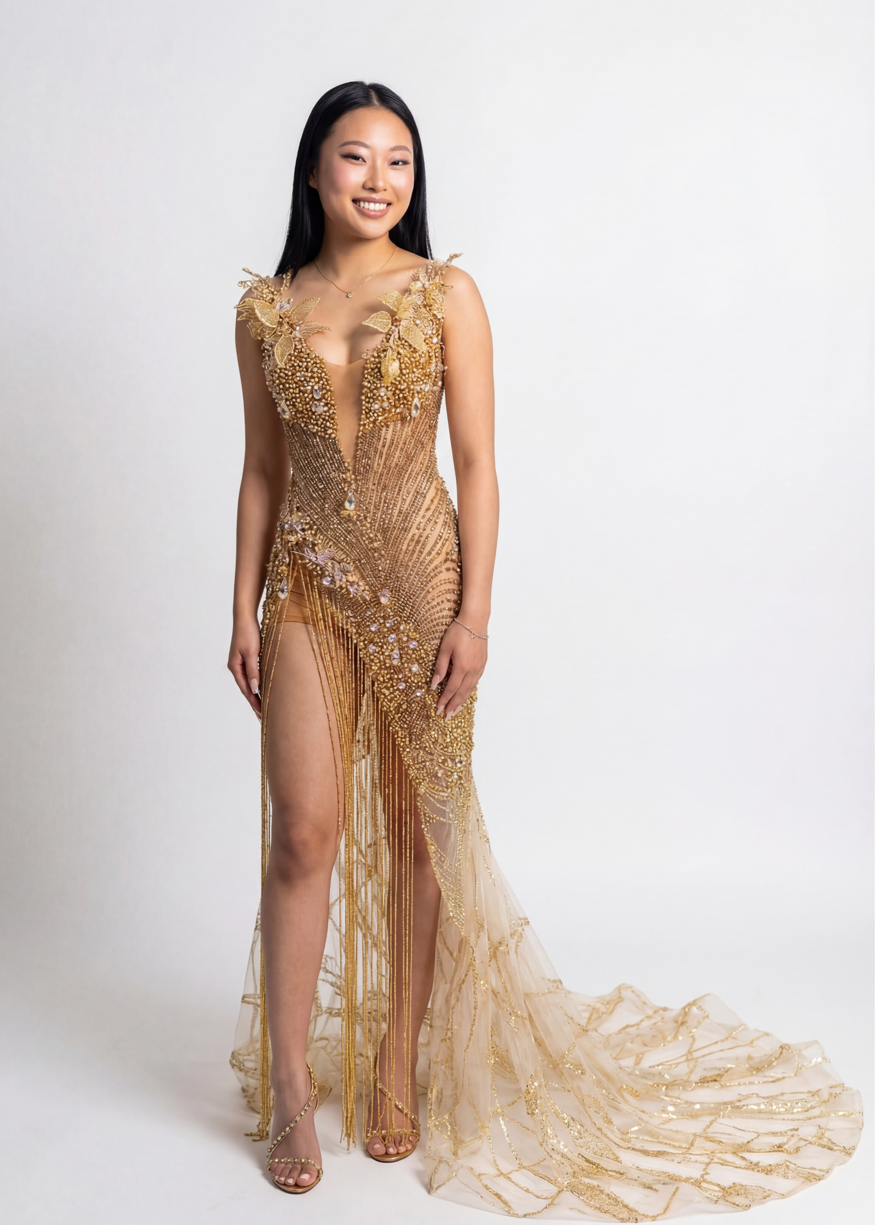 “Gilded Goddess — Gold Beaded Evening Gown with Thigh-High Slit & Crystal Details”