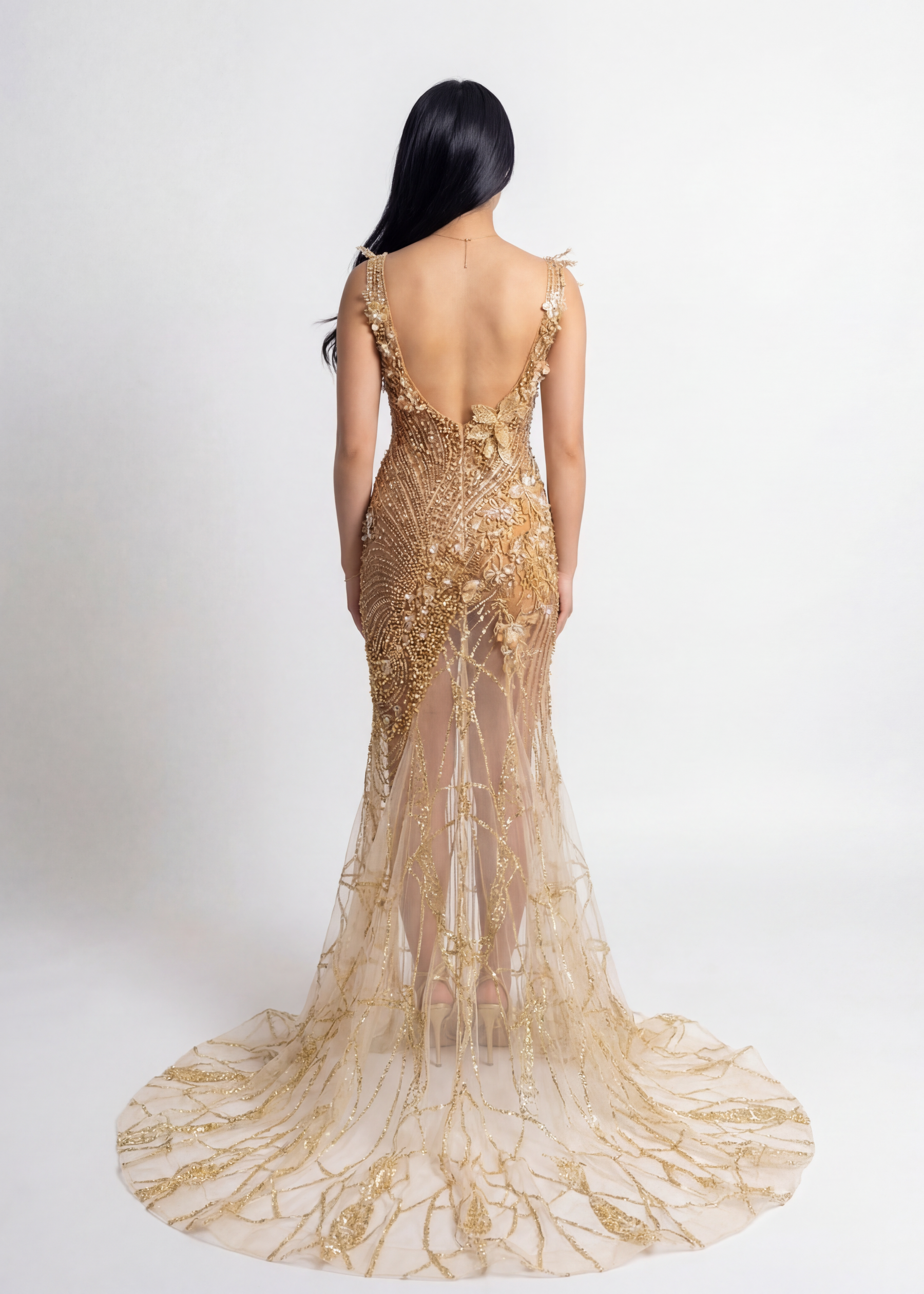 “Gilded Goddess — Gold Beaded Evening Gown with Thigh-High Slit & Crystal Details”