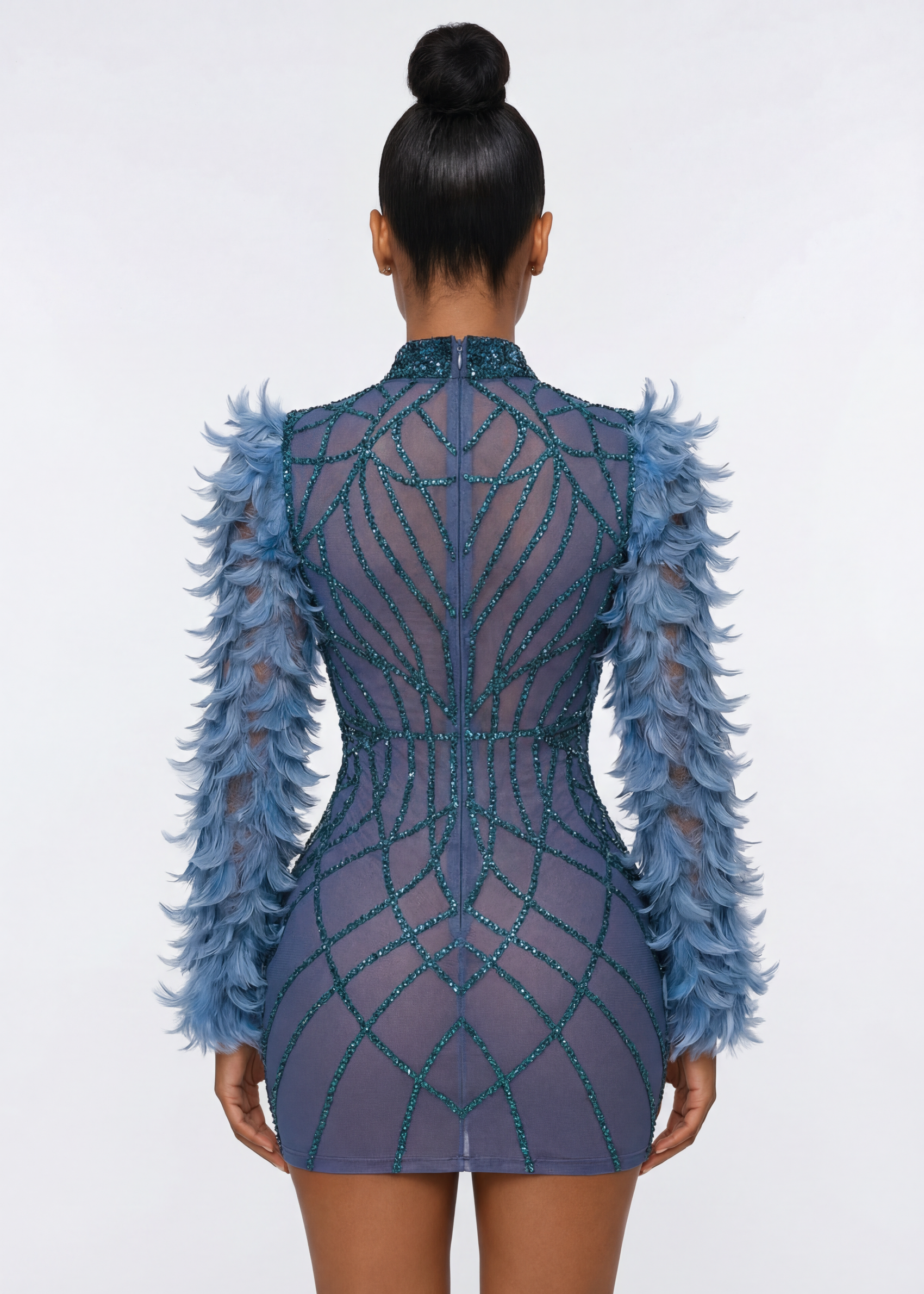 “Midnight Siren Feather-Beaded Mini Dress”