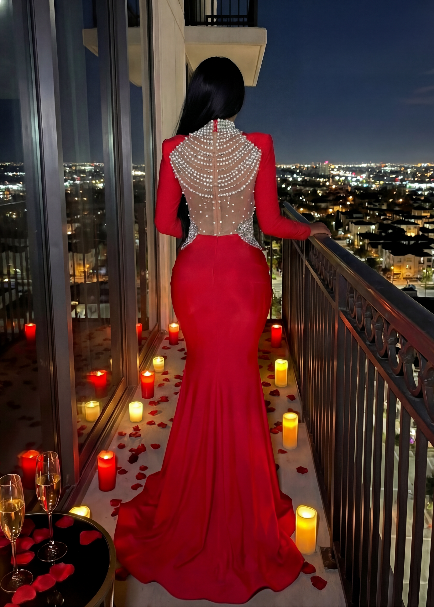 “Red Crystal Valentine Gown – Luxury Mesh Mermaid Evening Dress”