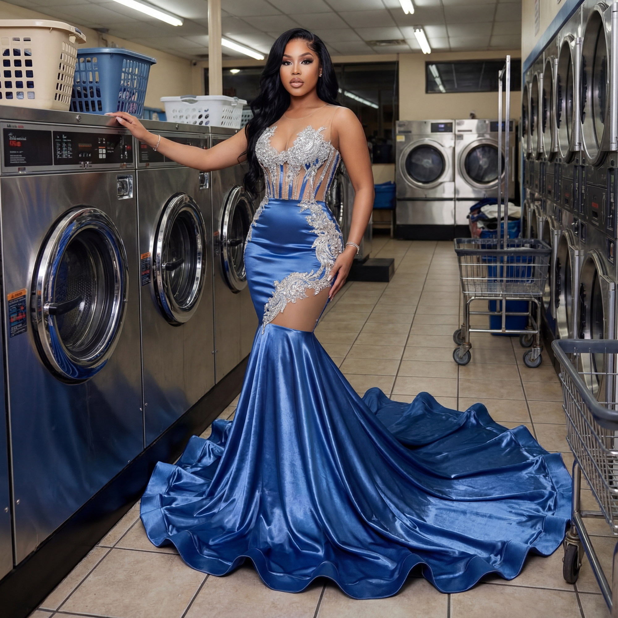 “Midnight Sapphire Satin Mermaid Gown”