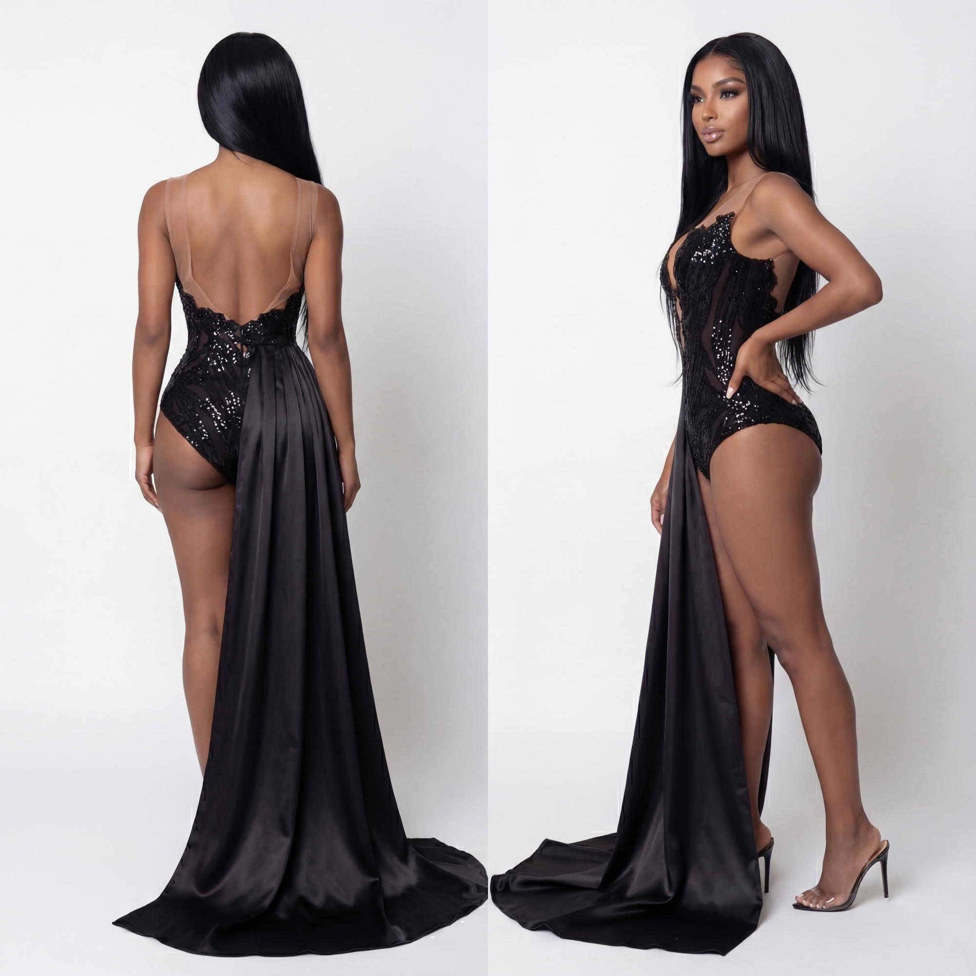 “Midnight Empress – Black Sequin Luxe Bodysuit Gown”