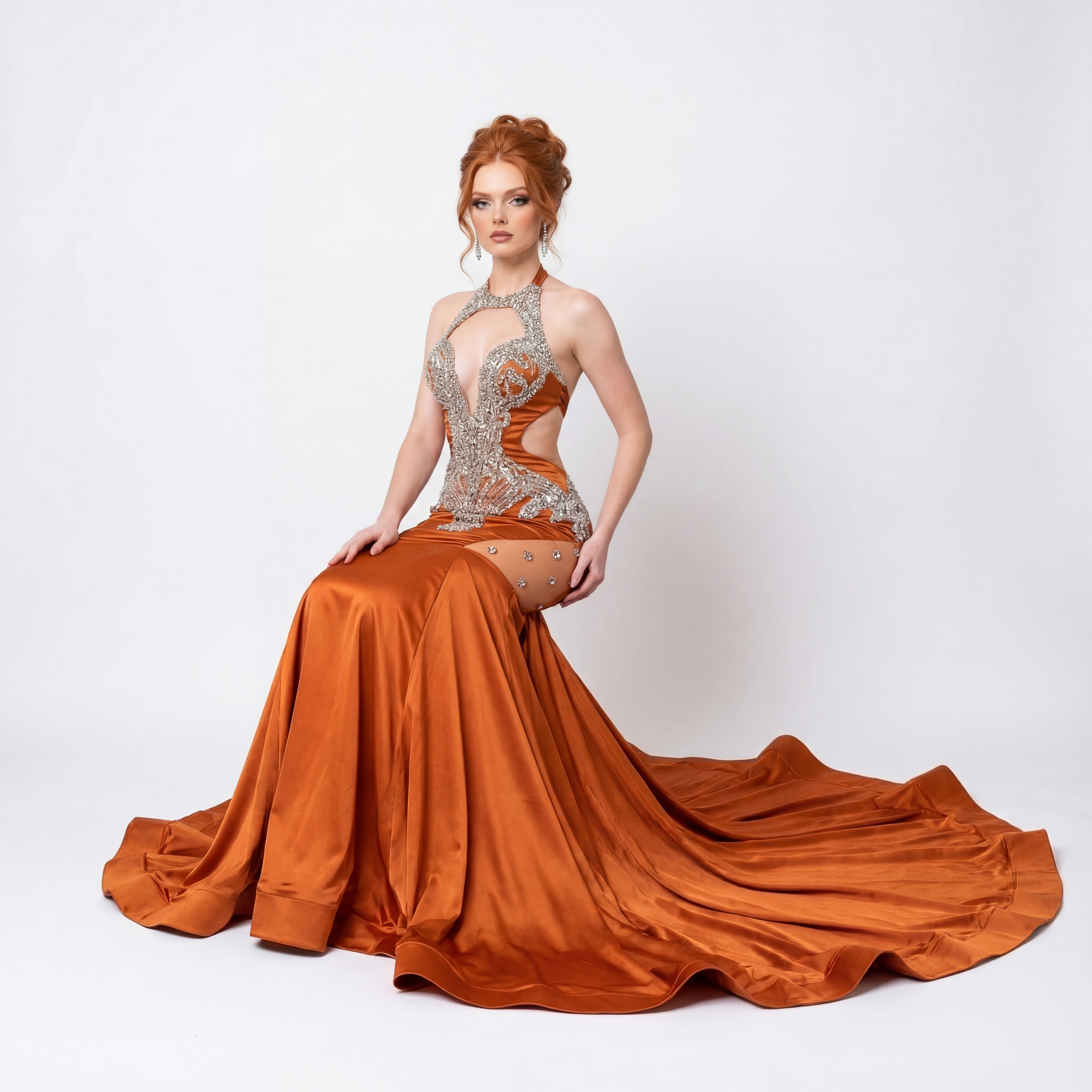 "Rusted Orange Diamond Couture Gown"